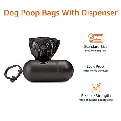 Amazon Basics - Bolsas estándar sin perfume para excrementos para perros con dispensador y clip para correa, 33.02 x 22.8 cm, color negro, 60 rollos (900 bolsas)