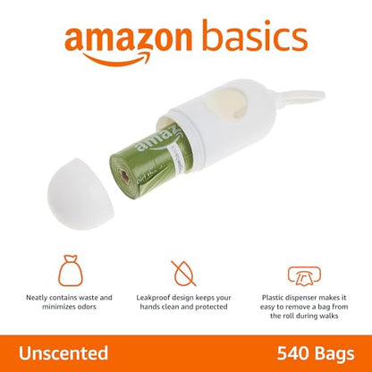 Amazon Basics - Bolsas para excrementos de perro con dispensador y clip para correa, 13 x 9 pulgadas, sin perfume, verde, 540 bolsas (36 rollos)