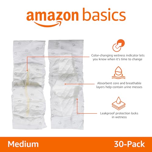 Amazon Basics - Pañales desechables para perro macho, talla mediana, color blanco, 30 unidades