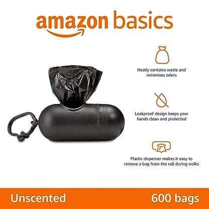 Amazon Basics - Bolsas para excrementos de perro sin perfume con dispensador y clip para correa, estándar de 33 x 22 cm, color negro, 600 bolsas (40 rollos)