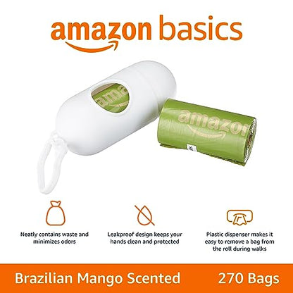 Amazon Basics - Bolsas para excrementos de perro con dispensador y clip para correa, 13 x 9 pulgadas, aroma a mango brasileño, 270 bolsas (18 rollos)