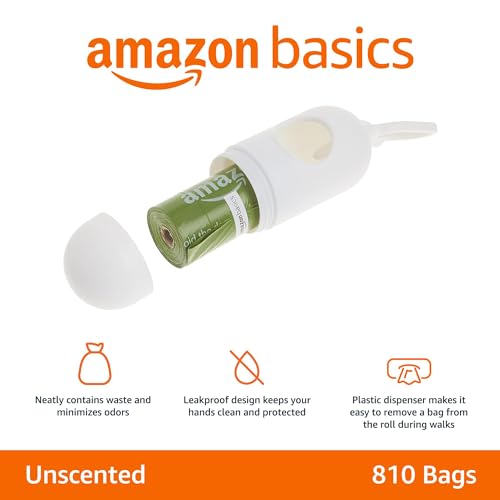 Amazon Basics - Bolsas para excrementos de perro sin perfume con dispensador y clip para correa, 13 x 9 pulgadas, color verde, paquete de 810 (54 rollos)