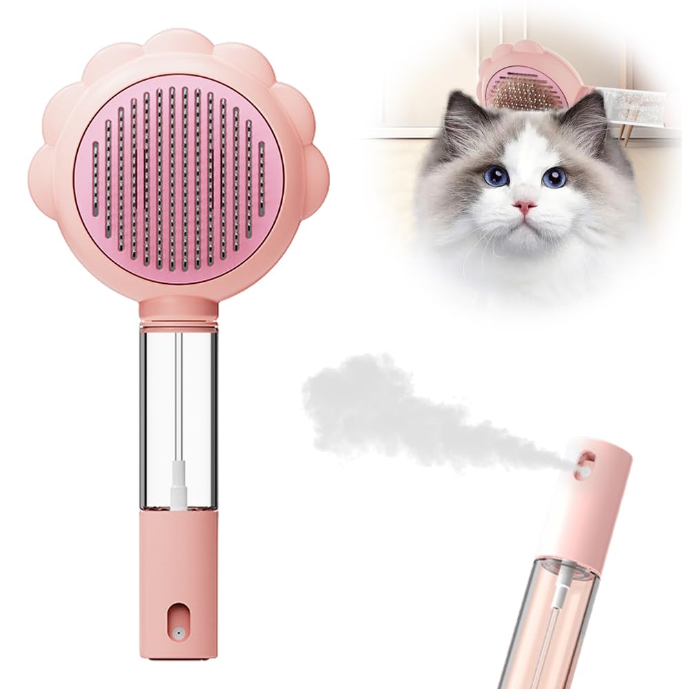 Cat Grooming Brush, 3 en 1 Cepillo de Vapor para Gatos Cepillo para Gato con Vapor Peine con Aguja de Acero Inoxidable, Cepillo de Perro de Vapor Auto Limpieza para Mascotas para Masaje (Rosa)