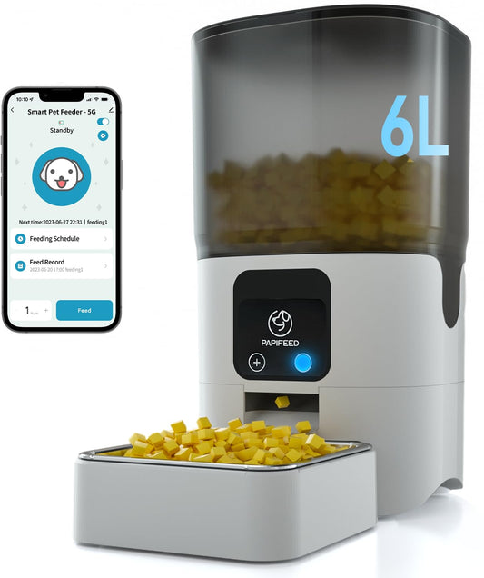 PAPIFEED Comederos automáticos WiFi 5G para gatos: Comedero automático para perros con modo de alimentación lenta, Desmontable para facilitar la limpieza, Comedero para mascotas con Alexa (6L/25 Taza)