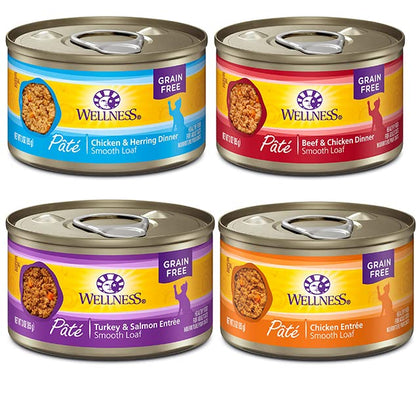 Wellness Natural Premium Pate de alimentos húmedos para gatos enlatados – Paquete de 12 latas de variedad de 4 sabores – (pollo, ternera, salmón y pavo) W/ HS Pet Food Bowl – (3 onzas)