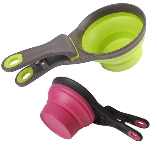 Acronde - Juego de tazas medidoras de silicona plegables para mascotas, clip de sellado 3 en 1, cuencos multifuncionales, clip para bolsa para comida de perro, gato, juego de 2 (1 taza y capacidad de 1/2 taza) (multicolor)