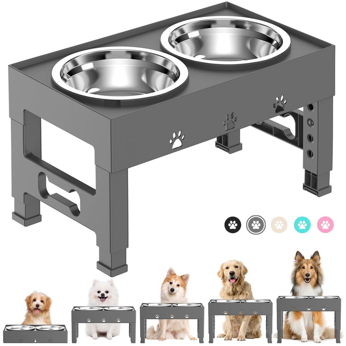 LAKIPETN Elevated Dog Bowls, 5 Height Adjustable Raised Dog Bowl Stand with 2 Stainless Steel Dog Food Bowls Non-Slip Dog Feeder for Medium Large Dogs Adjusts to 3.1”, 9”, 10”, 11”, 12”