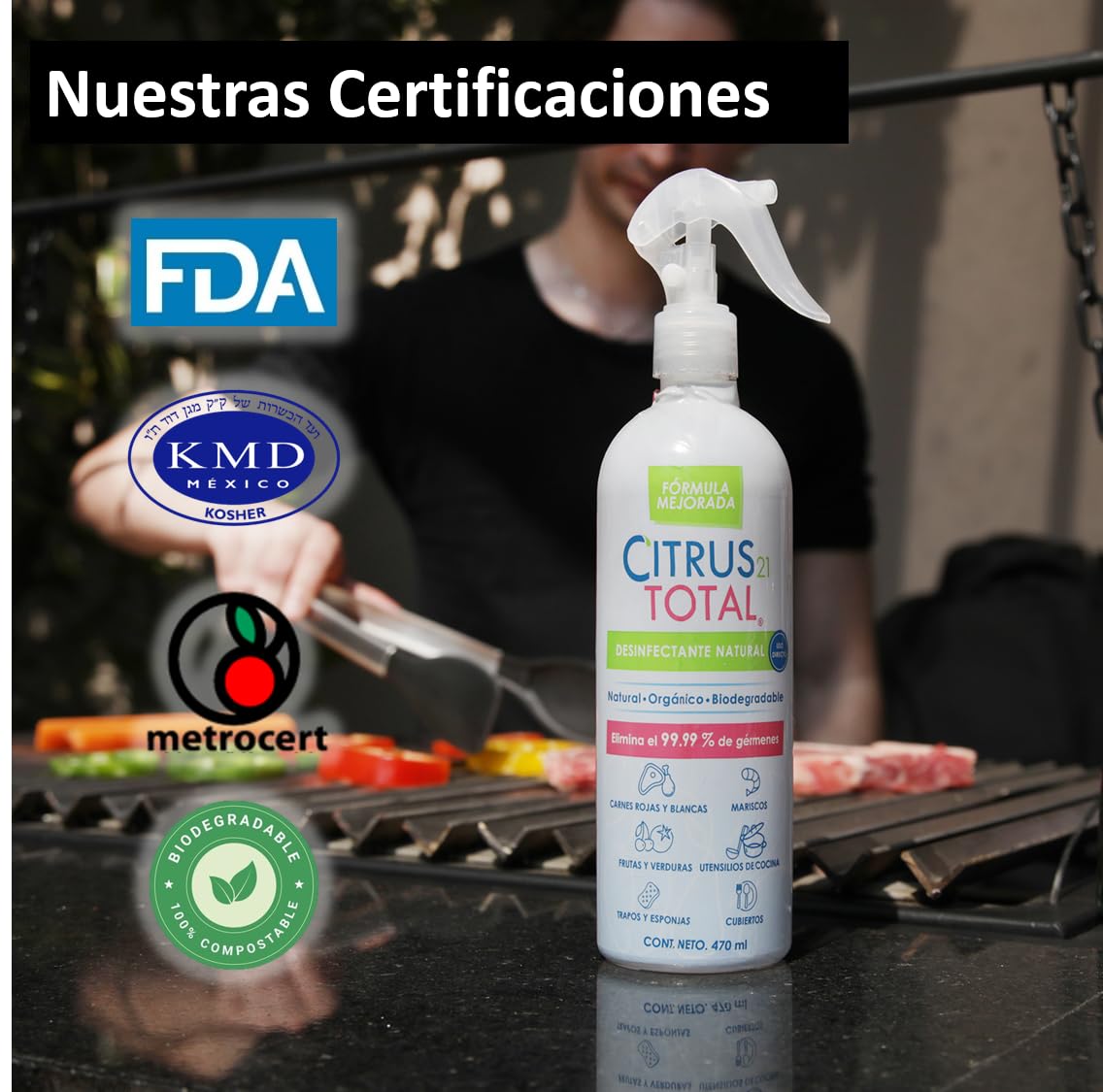 CITRUS 21 TOTAL, Desinfectante de Alimentos, Superficies y Utensilios de origen NATURAL, 100% biodegradable, no tóxico, no corrosivo, no contiene cloro, ASPERSOR 470 ml.