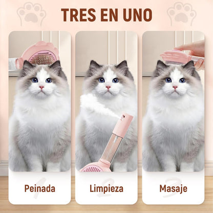 Cat Grooming Brush, 3 en 1 Cepillo de Vapor para Gatos Cepillo para Gato con Vapor Peine con Aguja de Acero Inoxidable, Cepillo de Perro de Vapor Auto Limpieza para Mascotas para Masaje (Rosa)