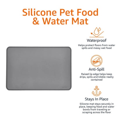 Amazon Basics - Tapete de silicona, impermeable, antideslizante, para comida y tazón de agua para mascotas, 60 x 40 cm, color gris, liso