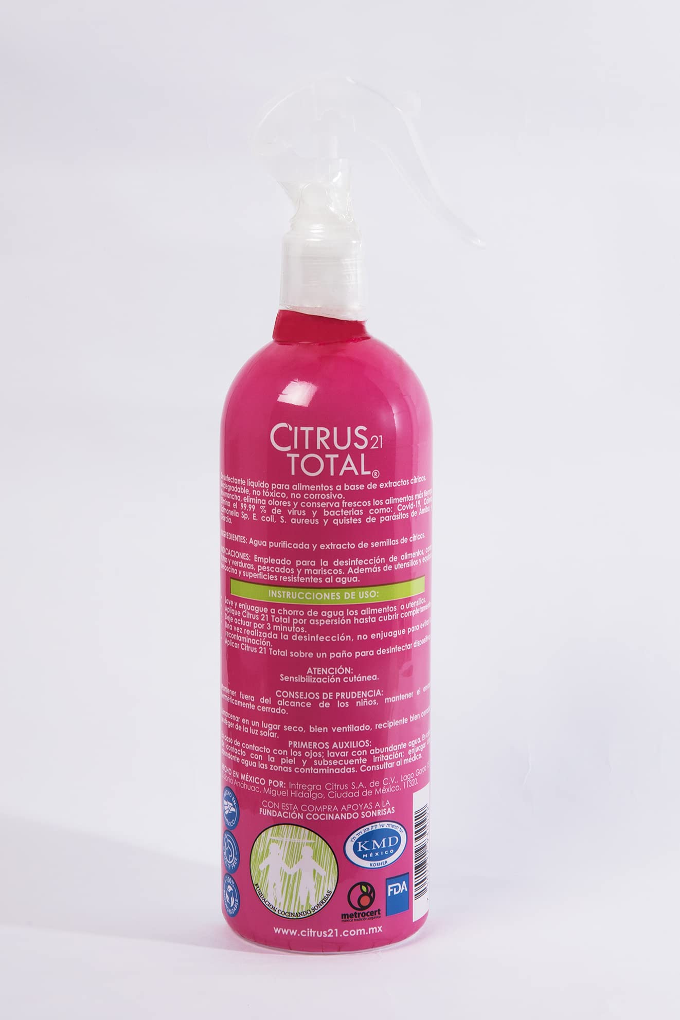 CITRUS 21 TOTAL, Desinfectante de Alimentos, Superficies y Utensilios de origen NATURAL, 100% biodegradable, no tóxico, no corrosivo, no contiene cloro, ASPERSOR 470 ml.