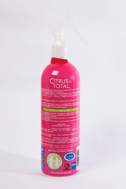 CITRUS 21 TOTAL, Desinfectante de Alimentos, Superficies y Utensilios de origen NATURAL, 100% biodegradable, no tóxico, no corrosivo, no contiene cloro, ASPERSOR 470 ml.