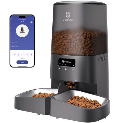 Garfeur - Dispensador automático de alimentos para gatos de 5 litros para 2 gatos, alimentador automático para gatos, 48 porciones 6 comidas por día, función de memoria, llamada de comida de 10