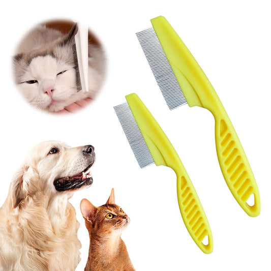 Peine Limpiador de Pulgas para Mascotas, 2pcs Cepillo de Aseo Peine Fino Mágico para Mascotas, Kit de Peine de Masaje de Acero Inoxidable para Pequeños Perros y Gatos (Amarillo)