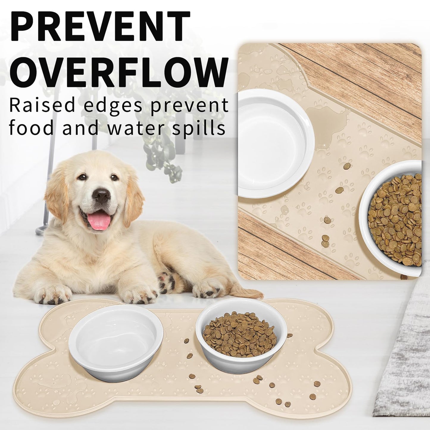 PWTAA Dog Food Mat Anti-Slip Silicone Dog Bowl Mat Thicker Pet Placemat Waterproof Cat Feeder Pad with Raised Edge Puppy kitten Feeding Mats Suitable Small Medium-Sized Dogs Cats Eating Tray