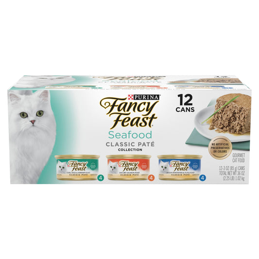 Purina Fancy Feast Classic Seafood Pate Collection Wet Cat Food Variety Pack - (2 Packs of 12) 3 oz. Cans