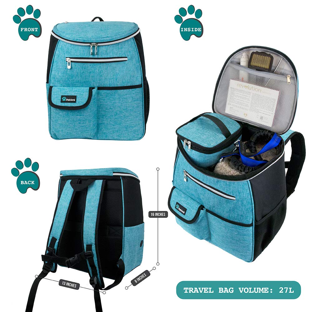 PetAmi Mochila de viaje para perros, organizador de mochila con dispensador de bolsas de excrementos, bolsillos, bolsa de contenedor de alimentos, cuenco plegable, juego de viaje para mascotas de fin de semana para senderismo, camping, viajes por carreter