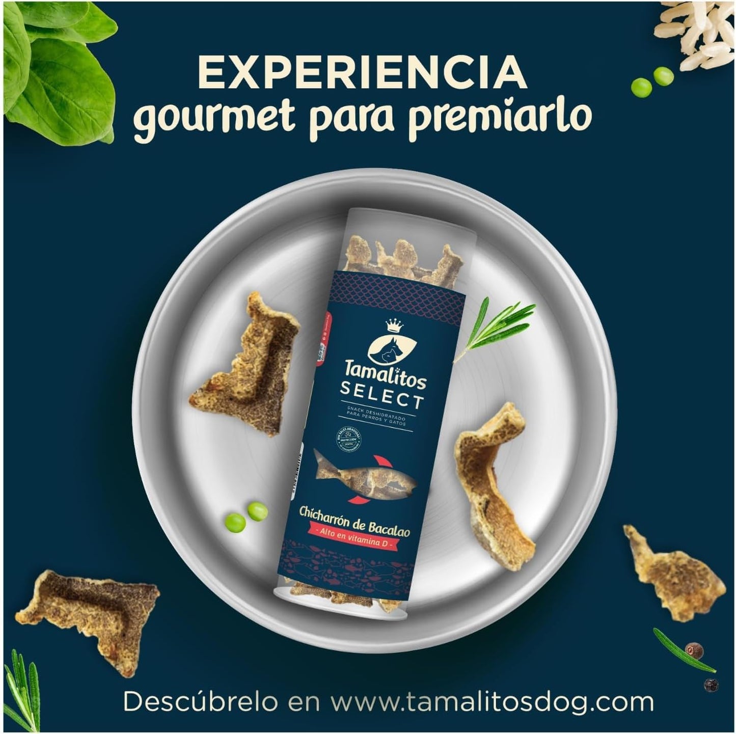TAMALITOS DOG | Snack y premios para Mascotas Perros y Gatos, CHICHARRON DE Bacalao, versión pequeña: 40GR