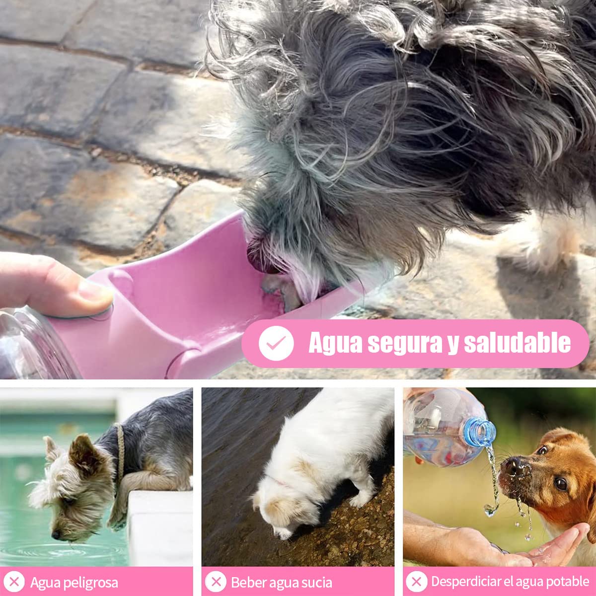 Botella de agua para perros,Botella de agua portátil plegable para mascotas , dispensador de agua portátil para cachorros a prueba de fugas con alimentador para mascotas para caminar al aire libre, senderismo, viajes, plástico de grado alimenticio (Rosa-3