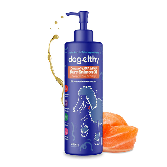 Dogelthy Pure Salmon Oil 450 ml. Aceite de Salmon Omega 3 para Perros con 300 MG de EPA + DHA por Dosis. Suplemento de Aceite de Pescado para Perro. para Croquetas o Dieta Barf.