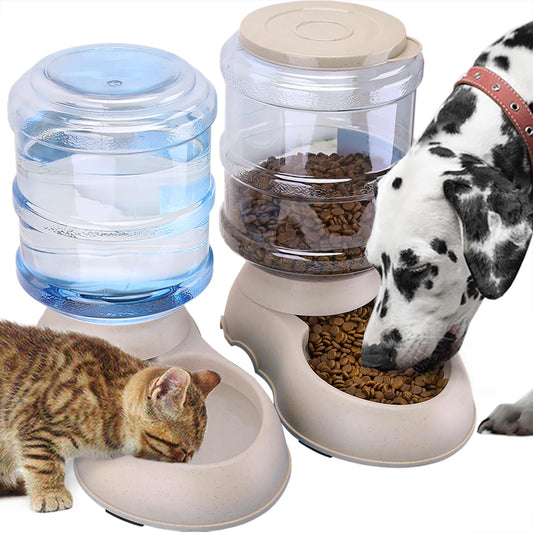Comedero automático para gatos y dispensador de agua en juego con alfombrilla de comida para mascotas pequeñas, medianas mascotas, cachorros, gatitos, gran capacidad, 1 galón x 2 (1 galón)