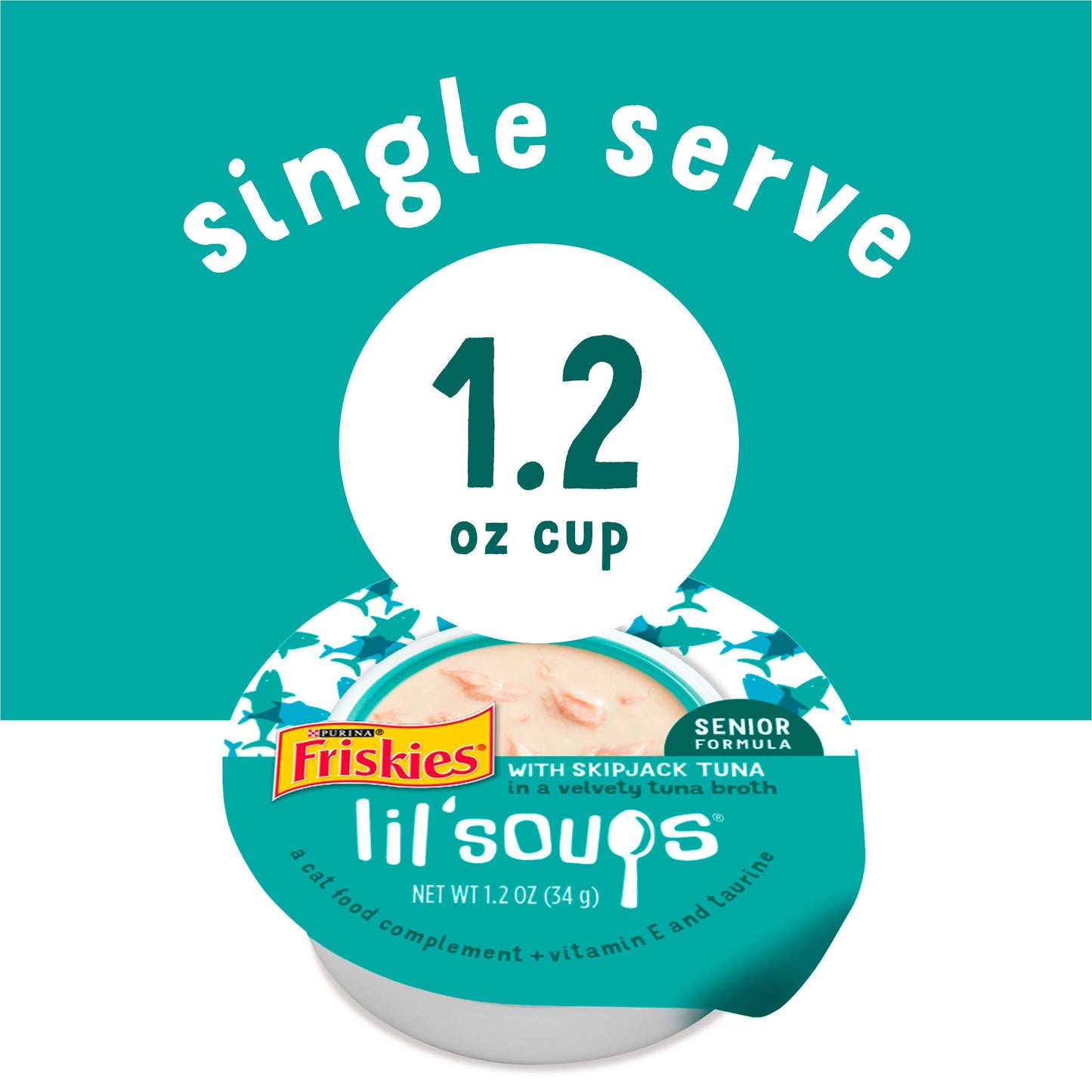 Purina Friskies Natural, Grain Free Senior Broth Wet Cat Food Complement; Lil' Soups Skipjack Tuna - (8) 1.2 oz. Tubs