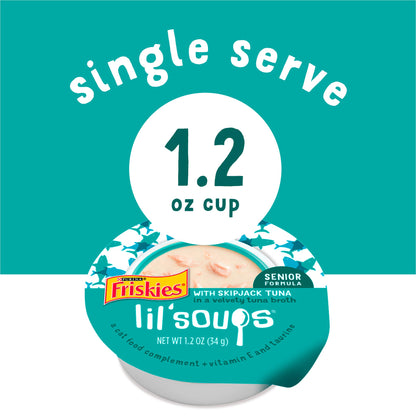 Purina Friskies Natural, Grain Free Senior Broth Wet Cat Food Complement; Lil' Soups Skipjack Tuna - (8) 1.2 oz. Tubs