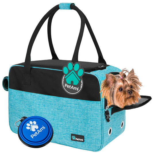 PetAmi Transportador para perros aprobado por aerolíneas, transportador de mascotas de lado suave para perros pequeños, gatos, cachorros, gatitos, bolso de viaje portátil y elegante para mascotas, malla transpirable ventilada, cama Sherpa (turquesa)