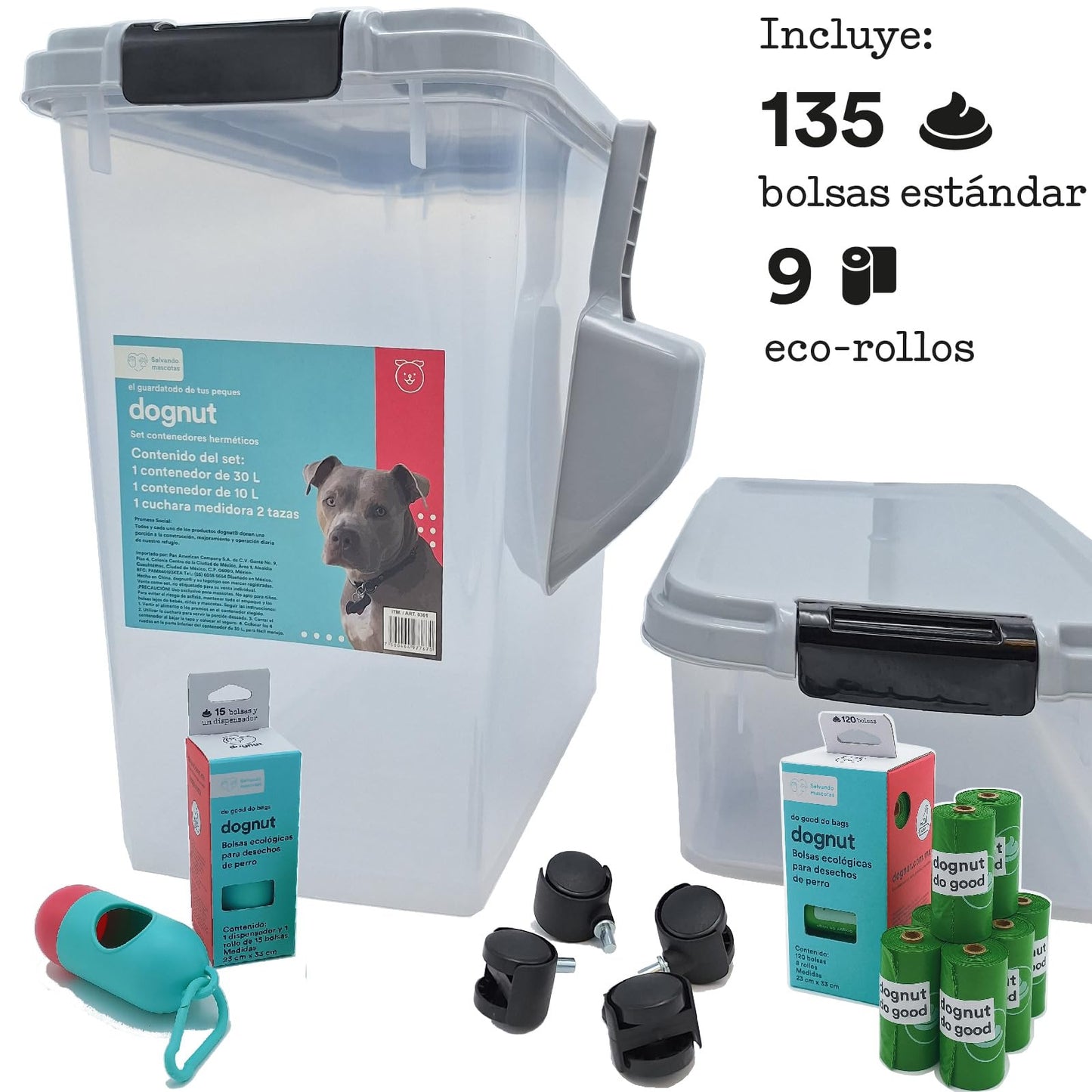 dognut - 3 Piezas Contenedor Hermético para Alimento de Mascotas, Capacidad 11 y 4 Kgs, con Cuchara Medidora, sin BPA, con llantas para un Fácil Transporte