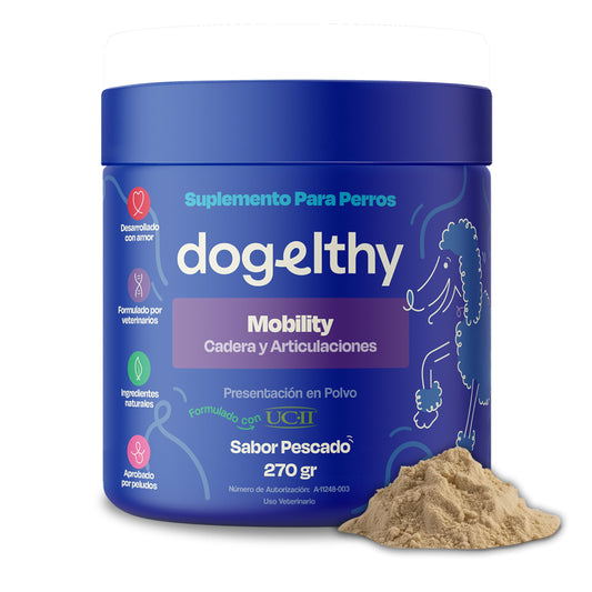 Dogelthy Mobility. Suplemento para Perros con Glucosamina, Condroitina y Colageno Tipo 2 UCII. Auxiliar en Articulaciones y Huesos. Complemento Condroprotector para Croquetas Sabor a Pescado 270g.