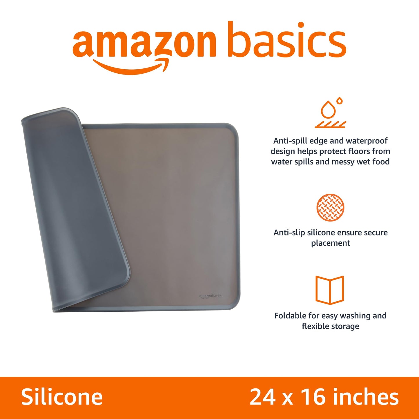 Amazon Basics - Tapete de silicona, impermeable, antideslizante, para comida y tazón de agua para mascotas, 60 x 40 cm, color gris, liso