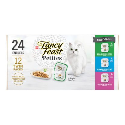 Purina Fancy Feast Gourmet Wet Cat Food Variety Pack, Petites Gravy Collection, Break-Apart Tubs, 24 Servings - (12) 2.8 Oz. Tubs