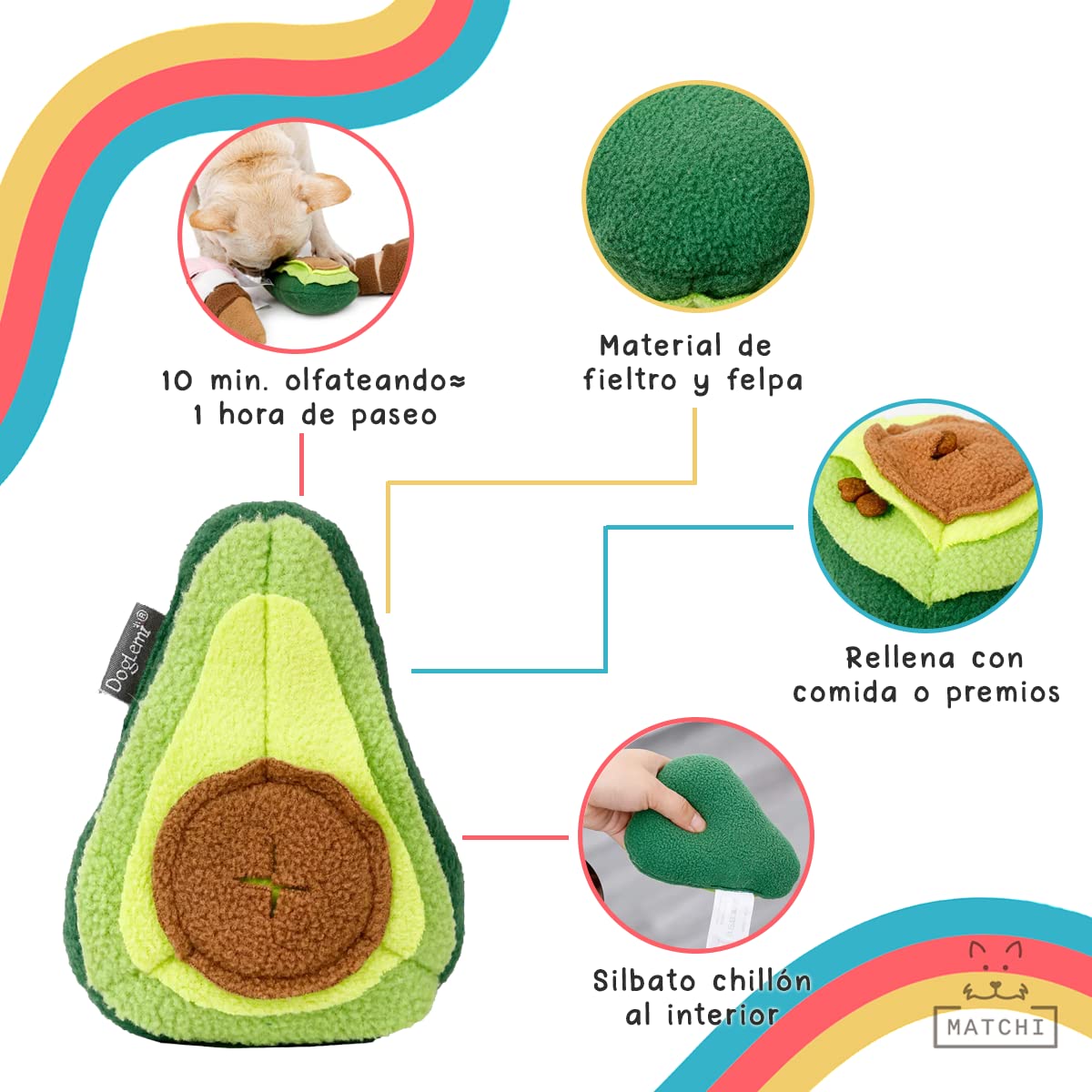 MATCHI Juguete Interactivo de Peluche en Forma de Aguacatito: Juguetes para Perro de Estimulación de Olfato y Entrenamiento de IQ para Perros y Gatos, Espacio para Premios para Perro, Peluche Olfativo con Silbato Chillón