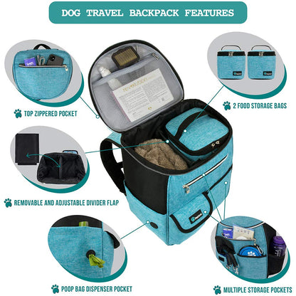 PetAmi Mochila de viaje para perros, organizador de mochila con dispensador de bolsas de excrementos, bolsillos, bolsa de contenedor de alimentos, cuenco plegable, juego de viaje para mascotas de fin de semana para senderismo, camping, viajes por carreter