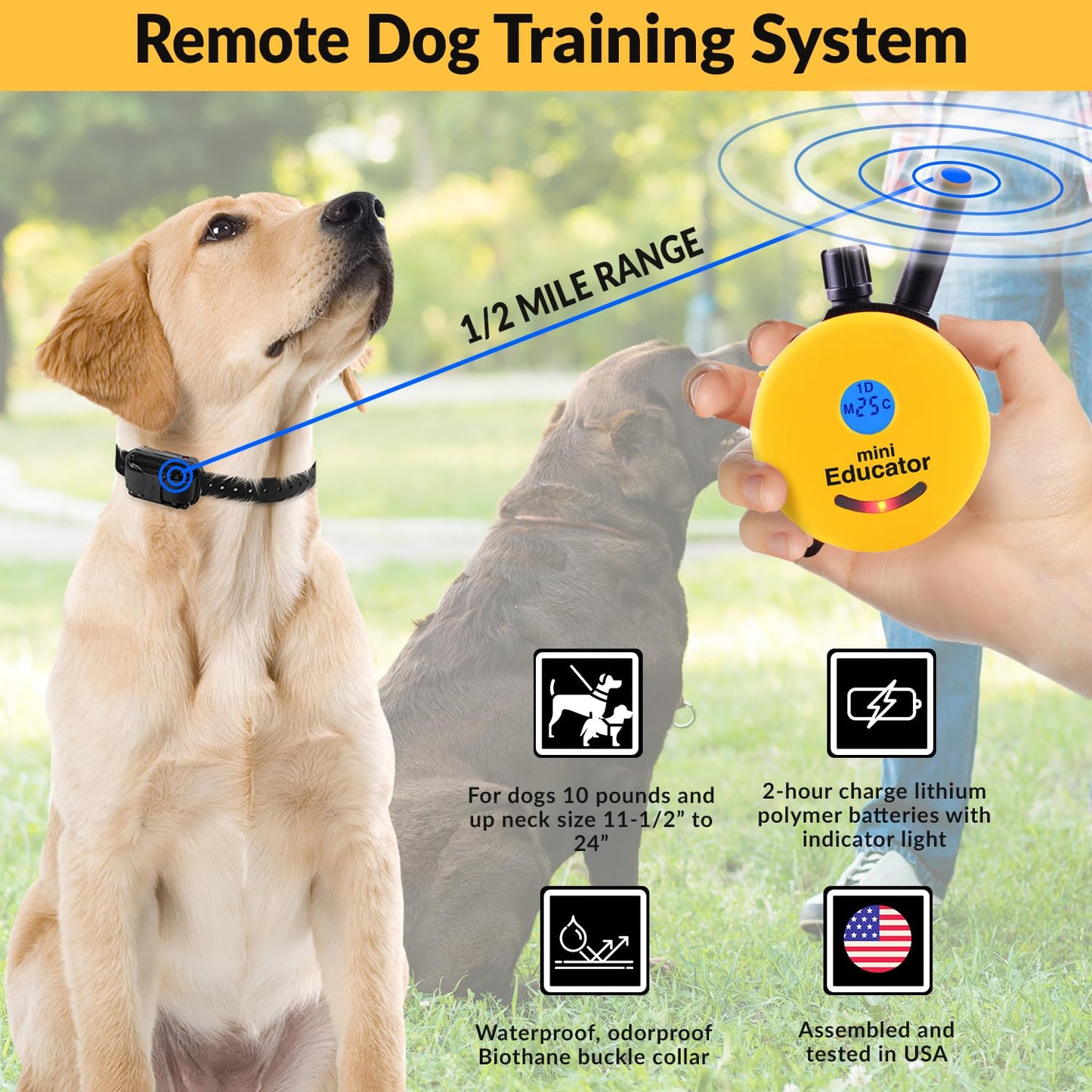 Educator Collar de adiestramiento para Perros con Control Remoto, Amarillo, 1/2 Mile 1 Dog 2 Transmitter