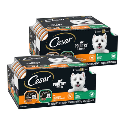 CESAR Filets in Gravy Adult Wet Dog Food, Poultry Lovers Variety Pack, 3.5 oz. Easy Peel Trays, Pack of 24