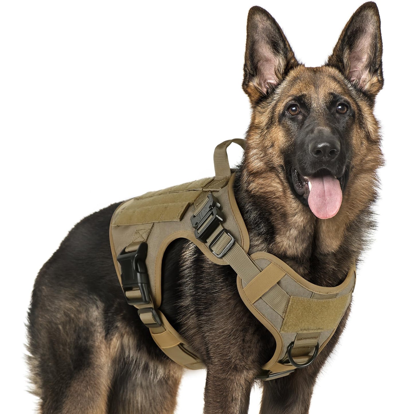 rabbitgoo Chaleco táctico para arnés de Perro grande con asa, Chaleco Molle para Perro de Trabajo Militar con Hebillas de Metal y Paneles de Bucle, arnés de Entrenamiento Ajustable sin tirones,marrón