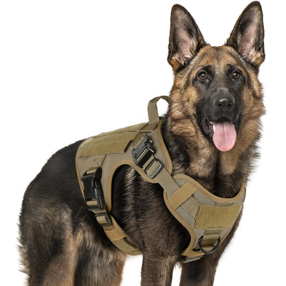 rabbitgoo Chaleco táctico para arnés de Perro grande con asa, Chaleco Molle para Perro de Trabajo Militar con Hebillas de Metal y Paneles de Bucle, arnés de Entrenamiento Ajustable sin tirones,marrón