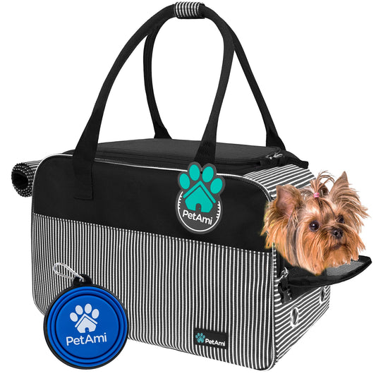 PetAmi Transportador para perros aprobado por aerolíneas, transportador de mascotas de lado suave para perros pequeños, gatos, cachorros, gatitos, bolso de viaje portátil y elegante para mascotas, malla transpirable ventilada, cama Sherpa (rayas negras)