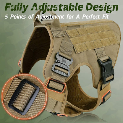 rabbitgoo Chaleco táctico para arnés de Perro grande con asa, Chaleco Molle para Perro de Trabajo Militar con Hebillas de Metal y Paneles de Bucle, arnés de Entrenamiento Ajustable sin tirones,marrón