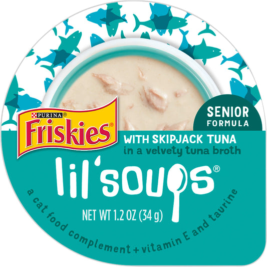 Purina Friskies Natural, Grain Free Senior Broth Wet Cat Food Complement; Lil' Soups Skipjack Tuna - (8) 1.2 oz. Tubs