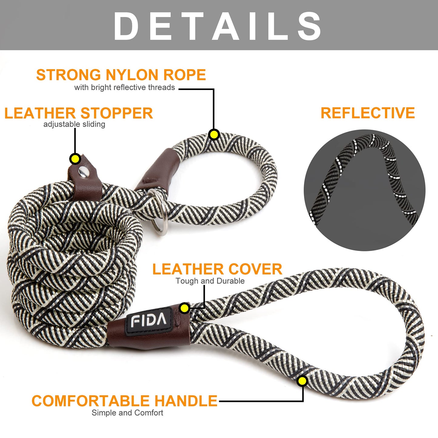 Fida Correa antideslizante duradera para perro, 6 pies x 1/2 pulgadas, correa de bucle resistente para perro, cómoda correa de cuerda fuerte para perros grandes y medianos, correa de entrenamiento para mascotas sin tirones con altamente reflectante, gris