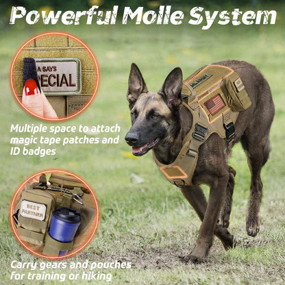 rabbitgoo Chaleco táctico para arnés de Perro grande con asa, Chaleco Molle para Perro de Trabajo Militar con Hebillas de Metal y Paneles de Bucle, arnés de Entrenamiento Ajustable sin tirones,marrón