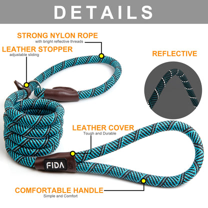 Fida Correa antideslizante duradera para perro, 6 pies x 1/2 pulgadas, correa de bucle resistente para perro, cómoda correa de cuerda fuerte para perros grandes y medianos, correa de entrenamiento para mascotas sin tirones con altamente reflectante, azul