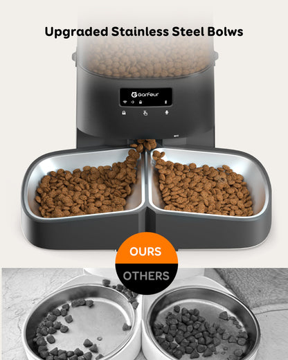 Garfeur - Dispensador automático de alimentos para gatos de 5 litros para 2 gatos, alimentador automático para gatos, 48 porciones 6 comidas por día, función de memoria, llamada de comida de 10