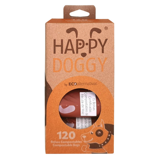 Ecoalternativas HDP-120bV Bolsas HappyDoggy para heces de Mascota, 120 Bolsas en 8 Rollitos, Café, 22x32cm