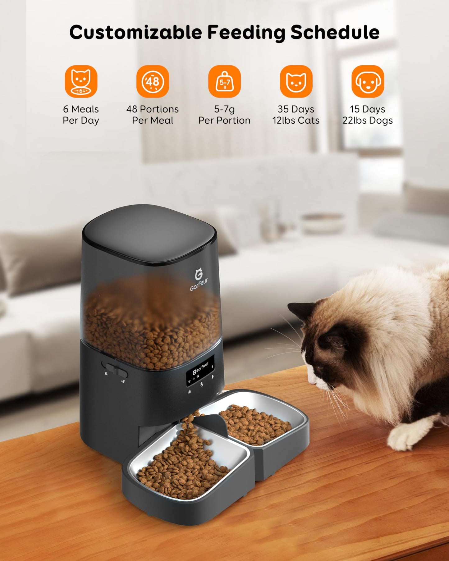 Garfeur - Dispensador automático de alimentos para gatos de 5 litros para 2 gatos, alimentador automático para gatos, 48 porciones 6 comidas por día, función de memoria, llamada de comida de 10