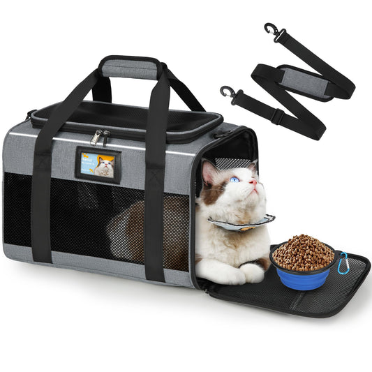 Transportadora para Perro,Transportadora para Gato,Bolsa Transportadora para Mascotas,Mochila para Gato Gato con Colchón Suave y Tazón,con Correa de Hombro Ajustable,Ideal para Mascotas pequeñas,Gris