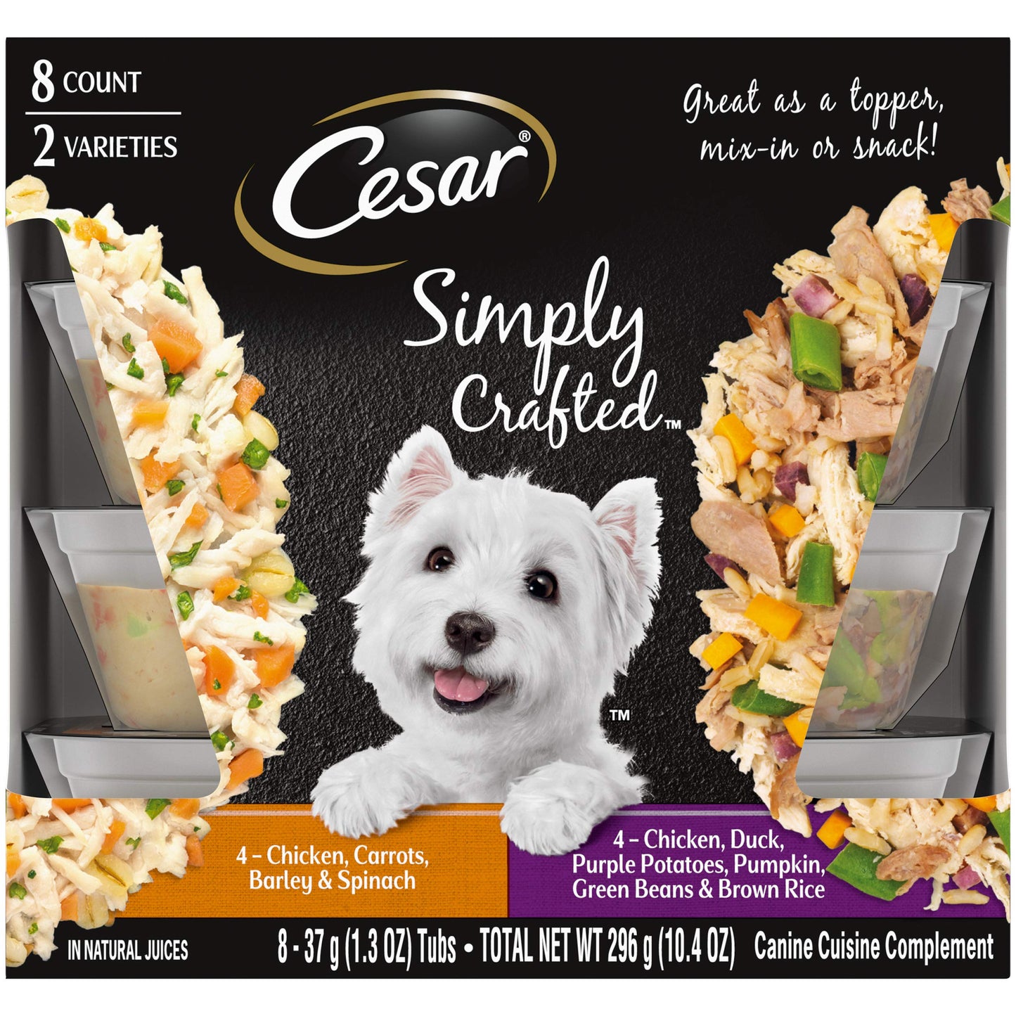 CESAR SIMPLY CRAFTED Adult Wet Dog Food Meal Topper Variety Pack, Chicken, Duck, Purple Potatoes, Pumpkin, Green Beans & Brown Rice and Chicken, Carrots, Barley & Spinach, 1.3 oz. Tubs, Pack of 8