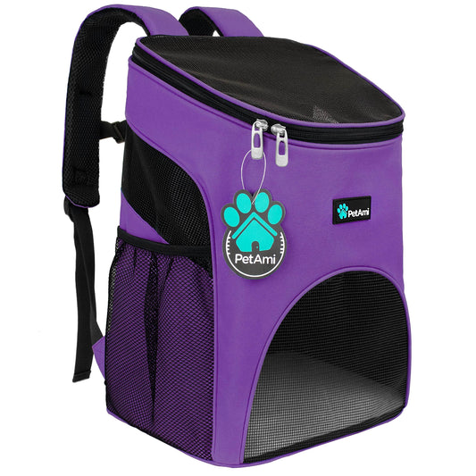 PetAmi Mochila portadora de Mascotas Premium para Gatos y Perros pequeños, diseño ventilado, Correa de Seguridad, Soporte de Hebilla, diseñada para Viajes, Senderismo y Uso al Aire Libre (Morado)